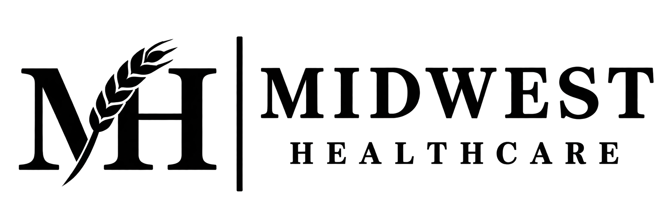 Midwest Healthcare logo in black with an MH wheat-stalk monogram.